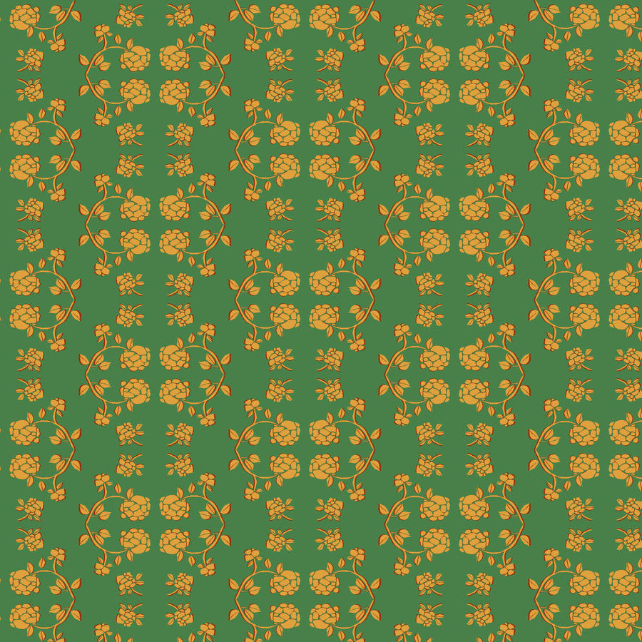 a repeating pattern of yellow flowers and green leaves on a dark green background.