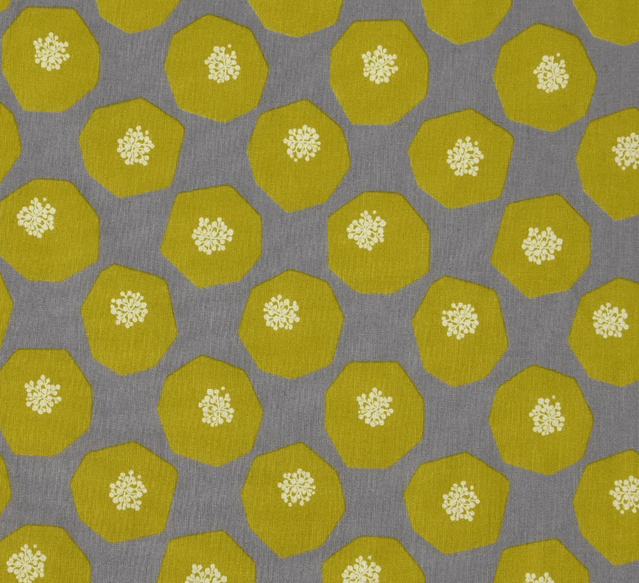 a repeating pattern of yellow hexagonal shapes with white flowers or leaves on a gray background.