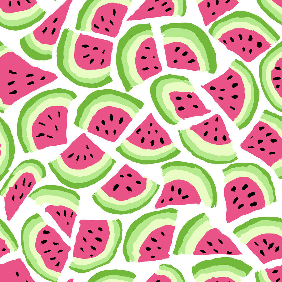 a repeating pattern of watermelon slices in various shades of pink and green against a white background.