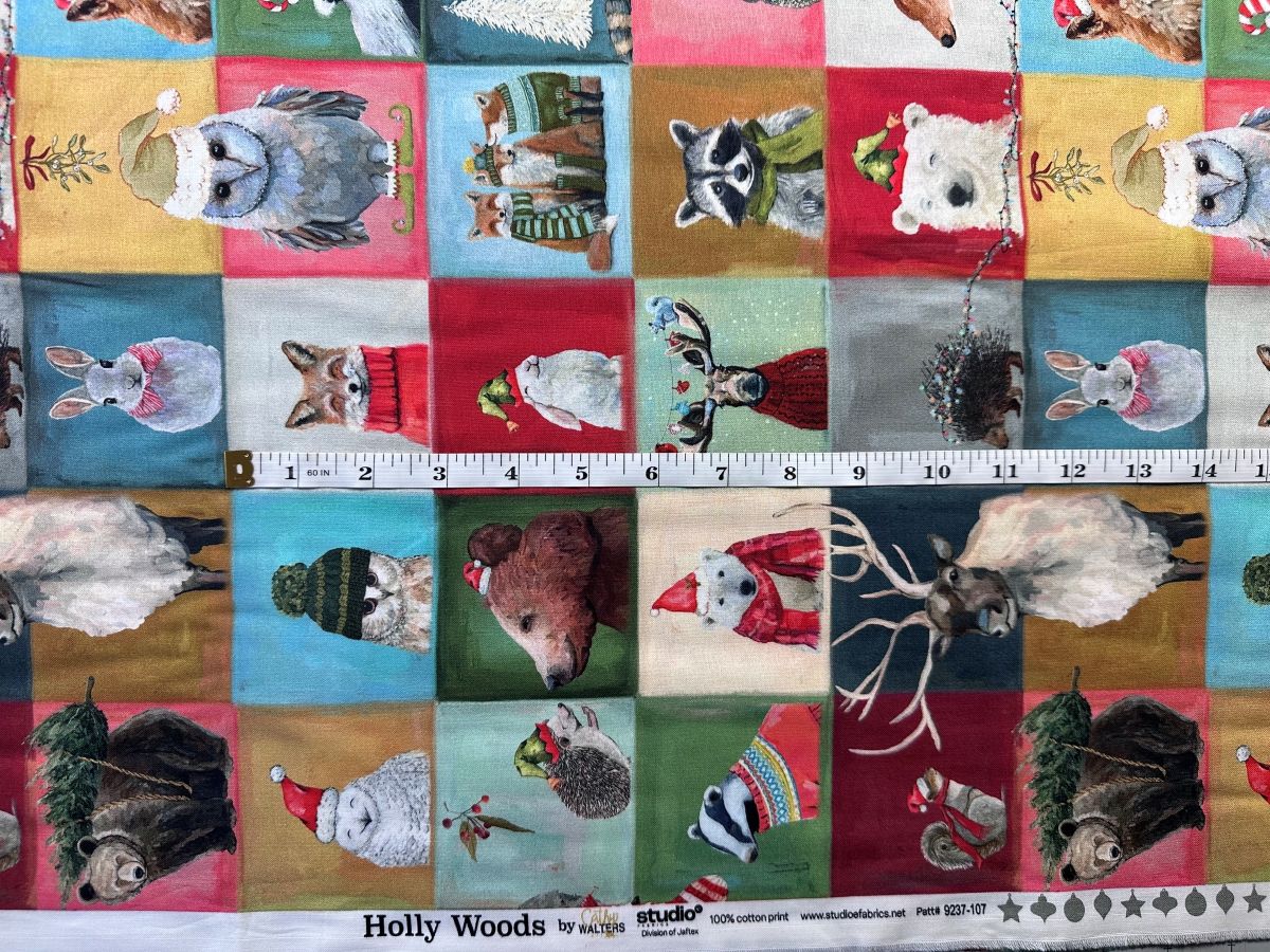 The image is a collage of various animal illustrations, including a bear, a rabbit, a deer, and a bird, all wearing festive Christmas-themed clothing and accessories.
