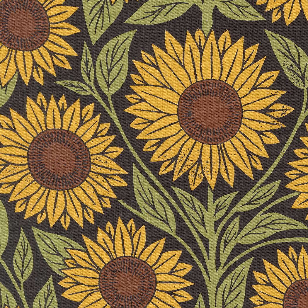 a repeating pattern of large sunflowers with brown centers and yellow petals against a dark background.