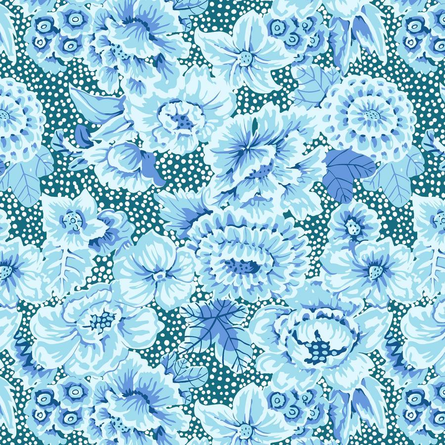 The image is a repeating pattern of blue flowers with white polka dots against a dark blue background.