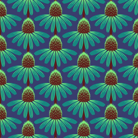 Anna Maria Echinacea Fabric, CLAH007.Sea - Sea Blue Cotton Lawn By The Yard