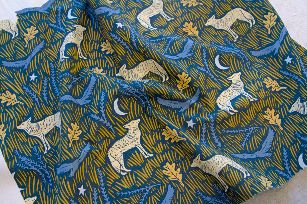 Wild Woodblock Night, COH18900, Art Gallery Fabrics, COYOTE HILL, Katie O'Shea, Fabric By the Yard