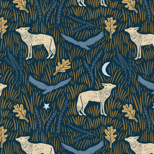 Wild Woodblock Night, COH18900, Art Gallery Fabrics, COYOTE HILL, Katie O'Shea, Fabric By the Yard