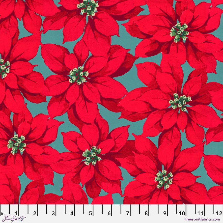 a repeating pattern of red poinsettia flowers against a teal background.
