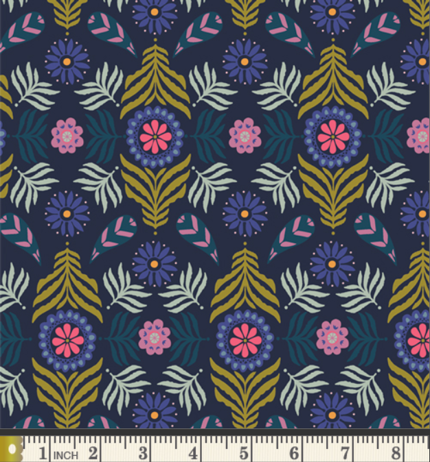 a repeating pattern of colorful flowers and leaves on a dark background.