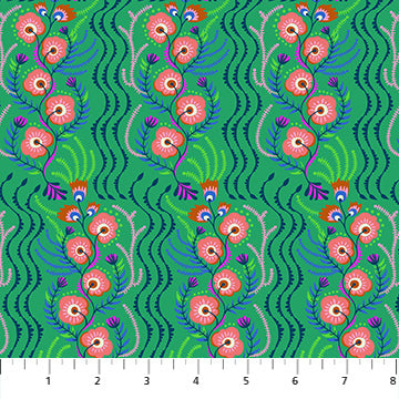 a repeating pattern of pink flowers with green leaves against a green background.