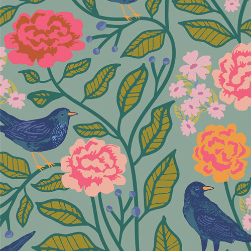 a vibrant floral pattern with pink and orange flowers, green leaves, and two blue birds perched on branches.