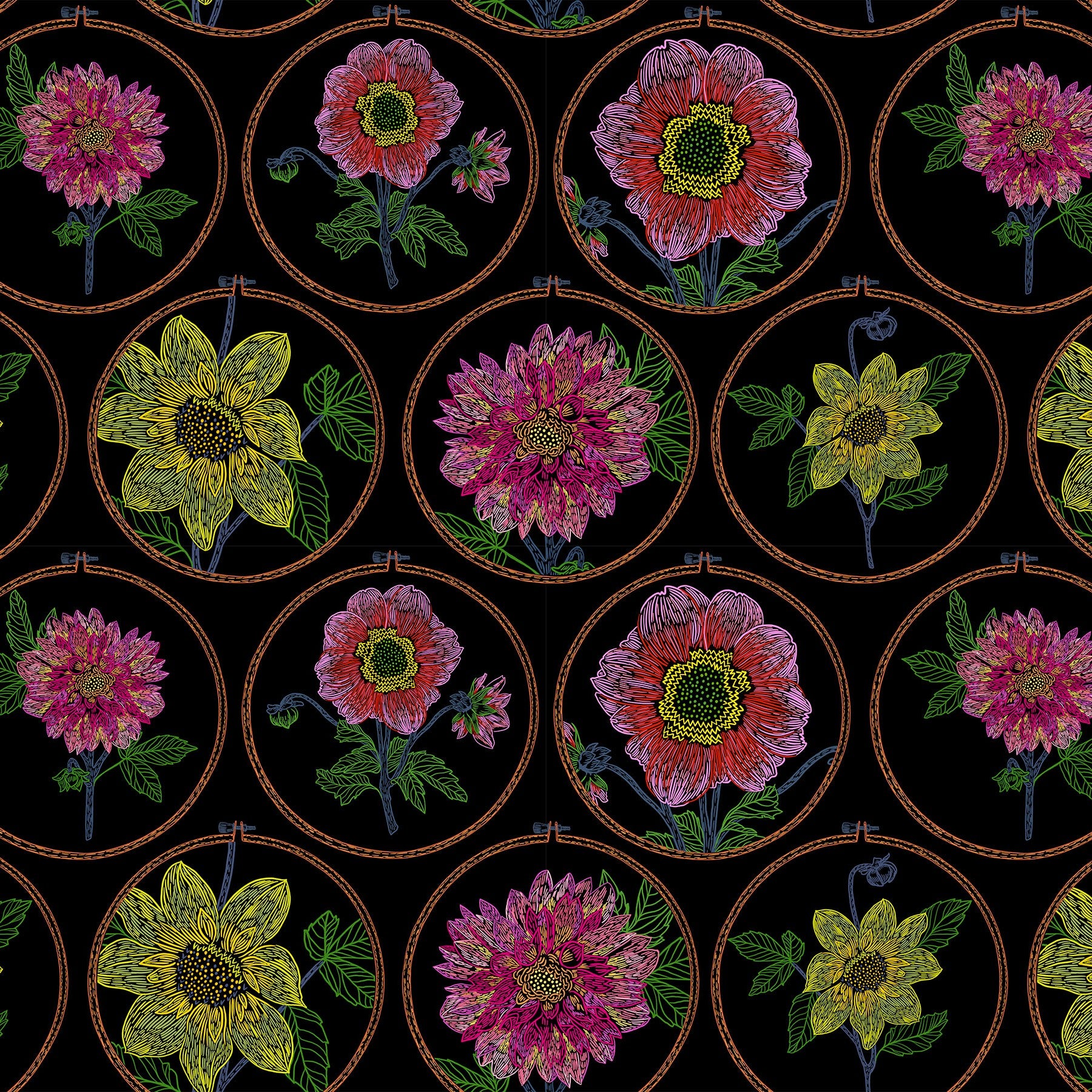 The image is a repeating pattern of circular frames containing vibrant, colorful flowers. The flowers are depicted in various shades of pink, yellow, and green, creating a visually striking and harmonious design.