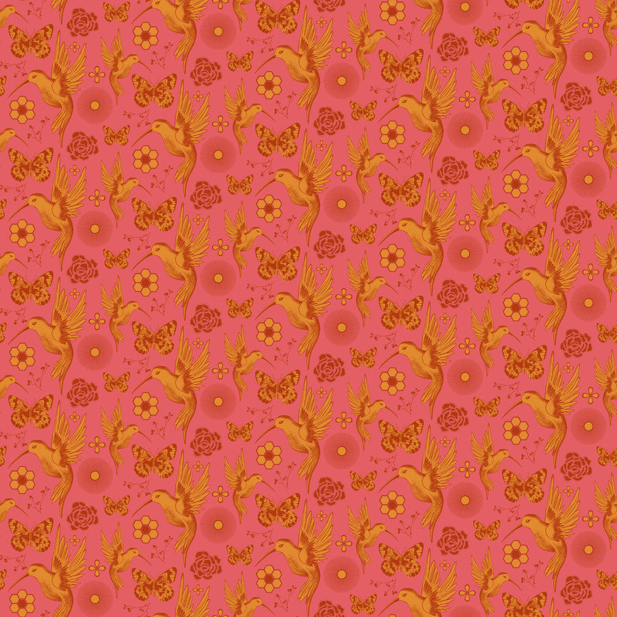 a repeating pattern of birds, butterflies, and flowers in shades of pink and orange against a red background.