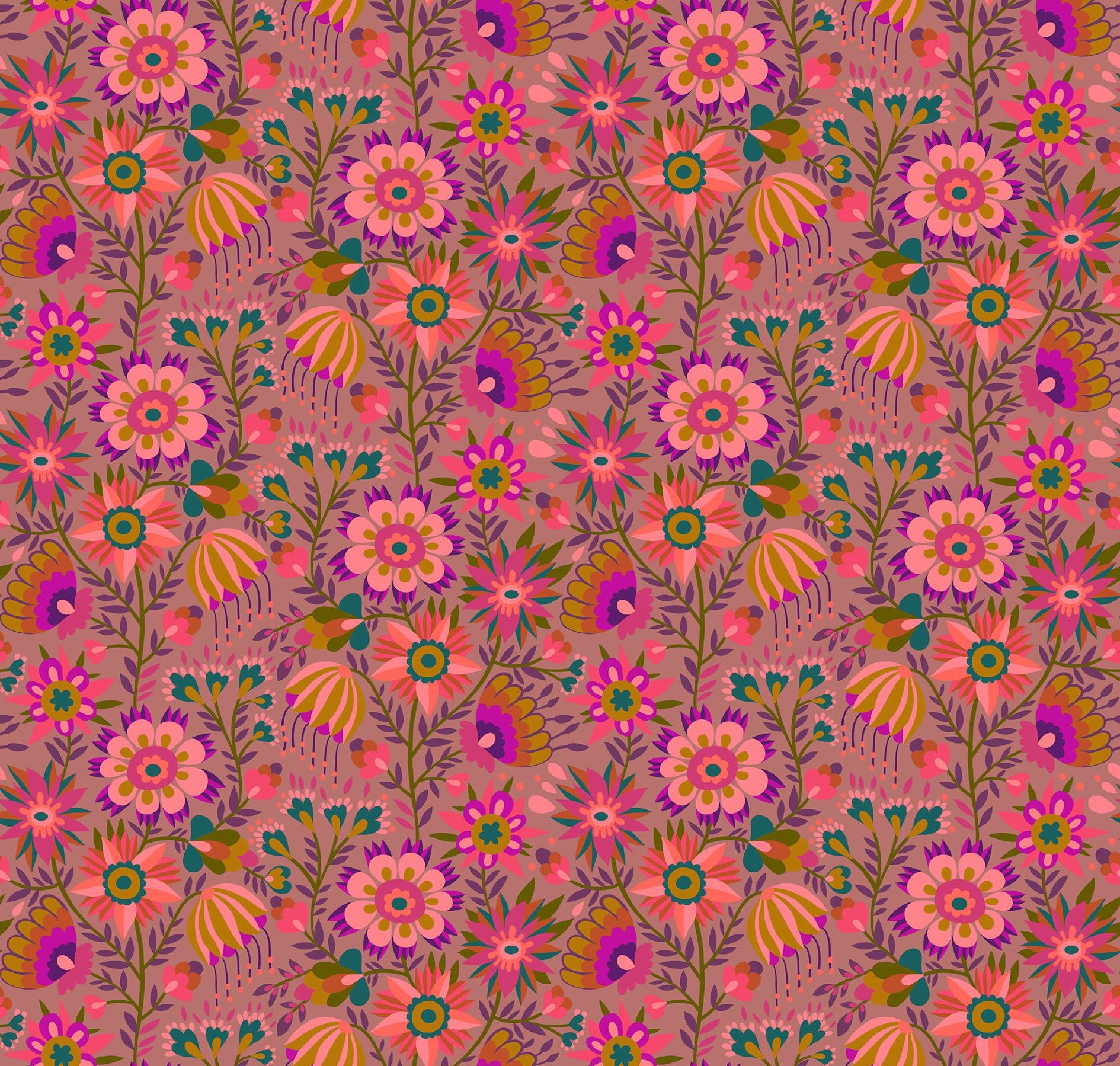 The image is a vibrant and colorful floral pattern featuring various flowers and leaves in shades of pink, orange, and green. The pattern is composed of multiple rows and columns of flowers and leaves, creating a visually striking and intricate design.