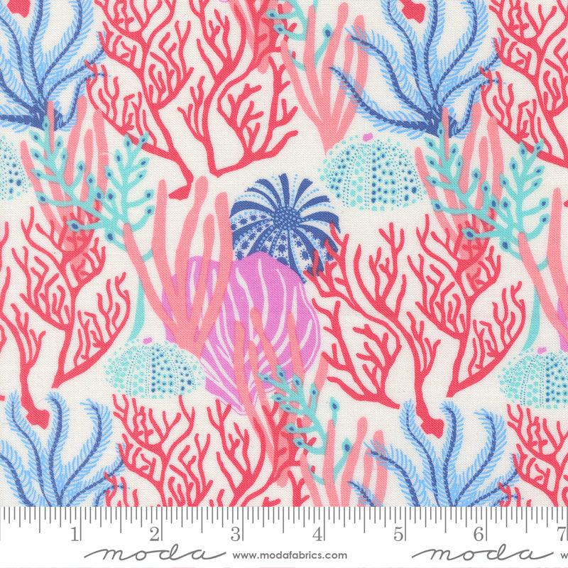 a vibrant and colorful pattern of coral and marine life, including various types of coral, sea anemones, and other sea creatures, all set against a white background.