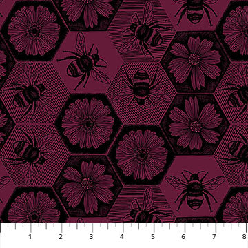 a repeating pattern of hexagons filled with black and pink flowers, along with black and pink bees.