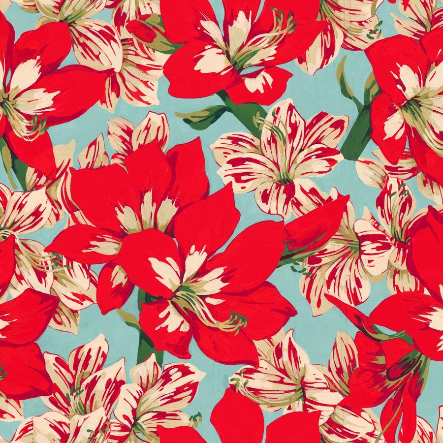 The image is a vibrant and colorful pattern featuring a variety of red and white flowers against a light blue background.