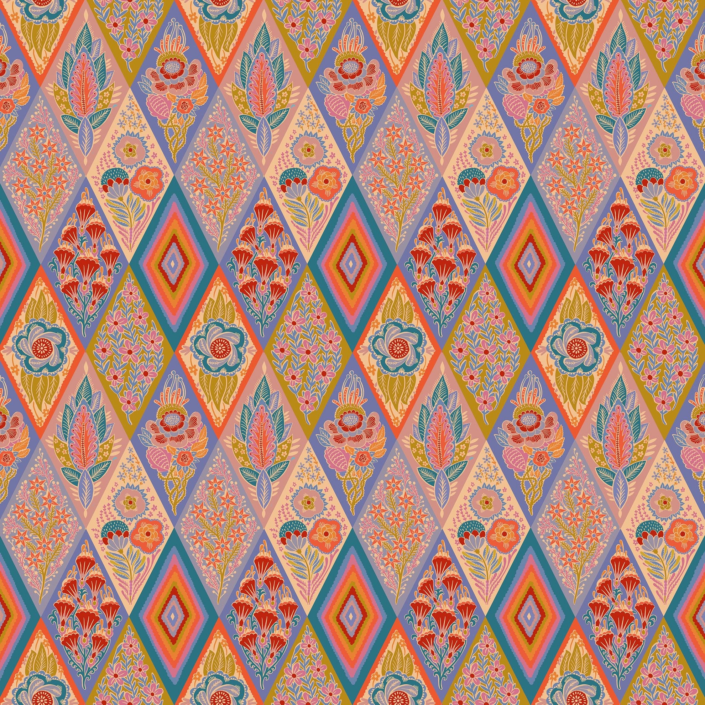 The image is a vibrant and colorful pattern composed of various geometric shapes and floral motifs, creating a visually striking and intricate design.
