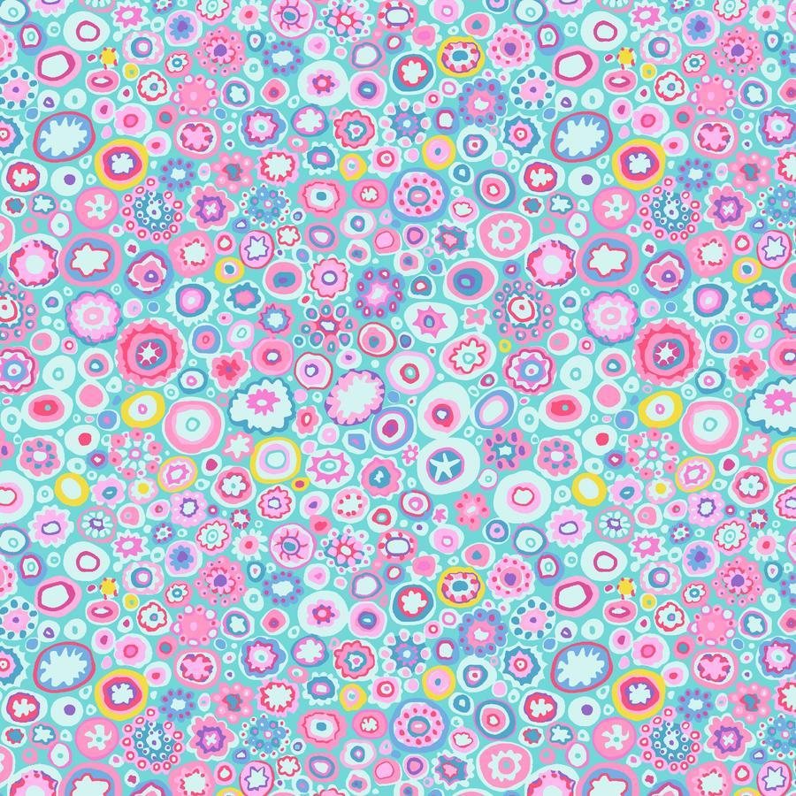 The image is a vibrant and colorful abstract pattern composed of various shapes, including circles, ovals, and other organic forms in shades of pink, blue, green, and yellow. The pattern appears to be a repeating design, creating a visually striking and dynamic composition.