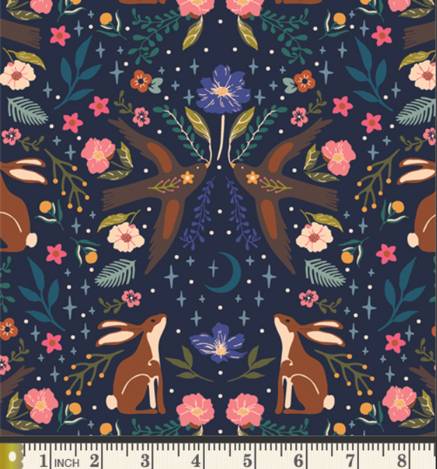 The image is a vibrant and whimsical pattern featuring a variety of animals, flowers, and celestial elements. The pattern includes a rabbit, a bird, and a crescent moon, all set against a dark blue background adorned with stars and leaves. The overall design is lively and full of detail, creating a visually captivating and enchanting scene.