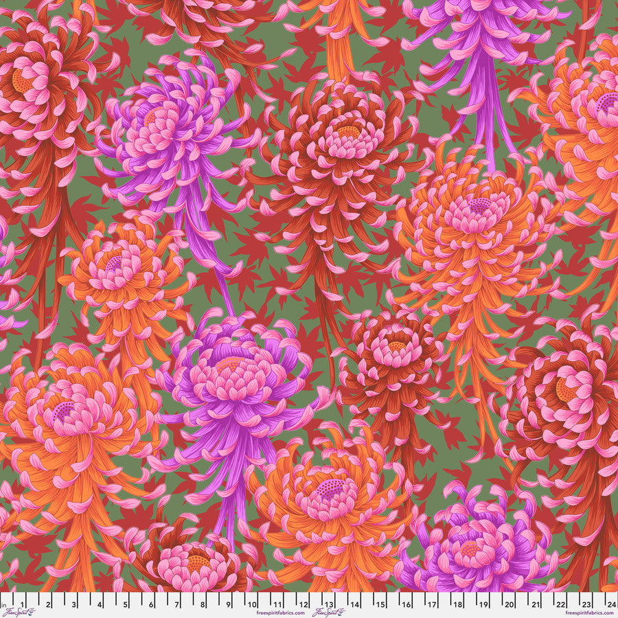 a vibrant and colorful pattern of chrysanthemum flowers in shades of pink, orange, and purple against a green background.
