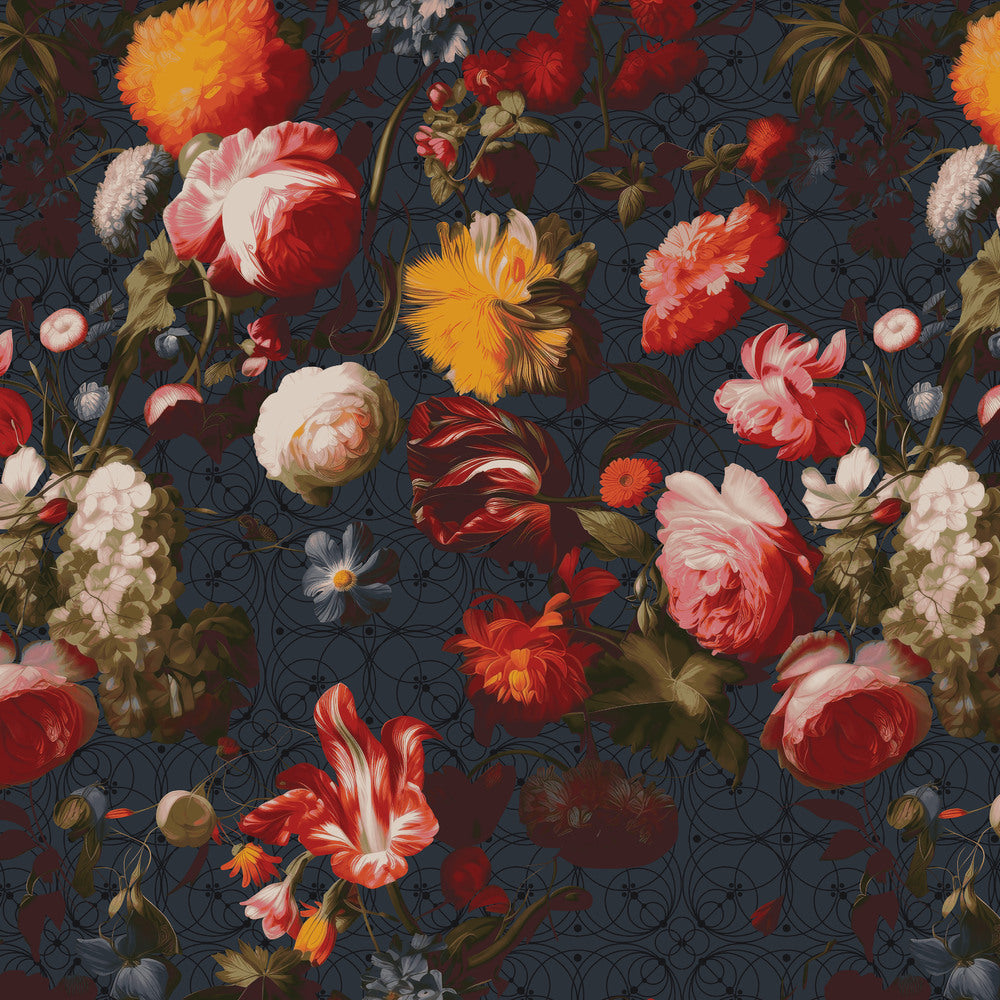 The image is a vibrant and colorful collage of various flowers, including roses, lilies, and other blooms, set against a dark background with a repeating pattern.