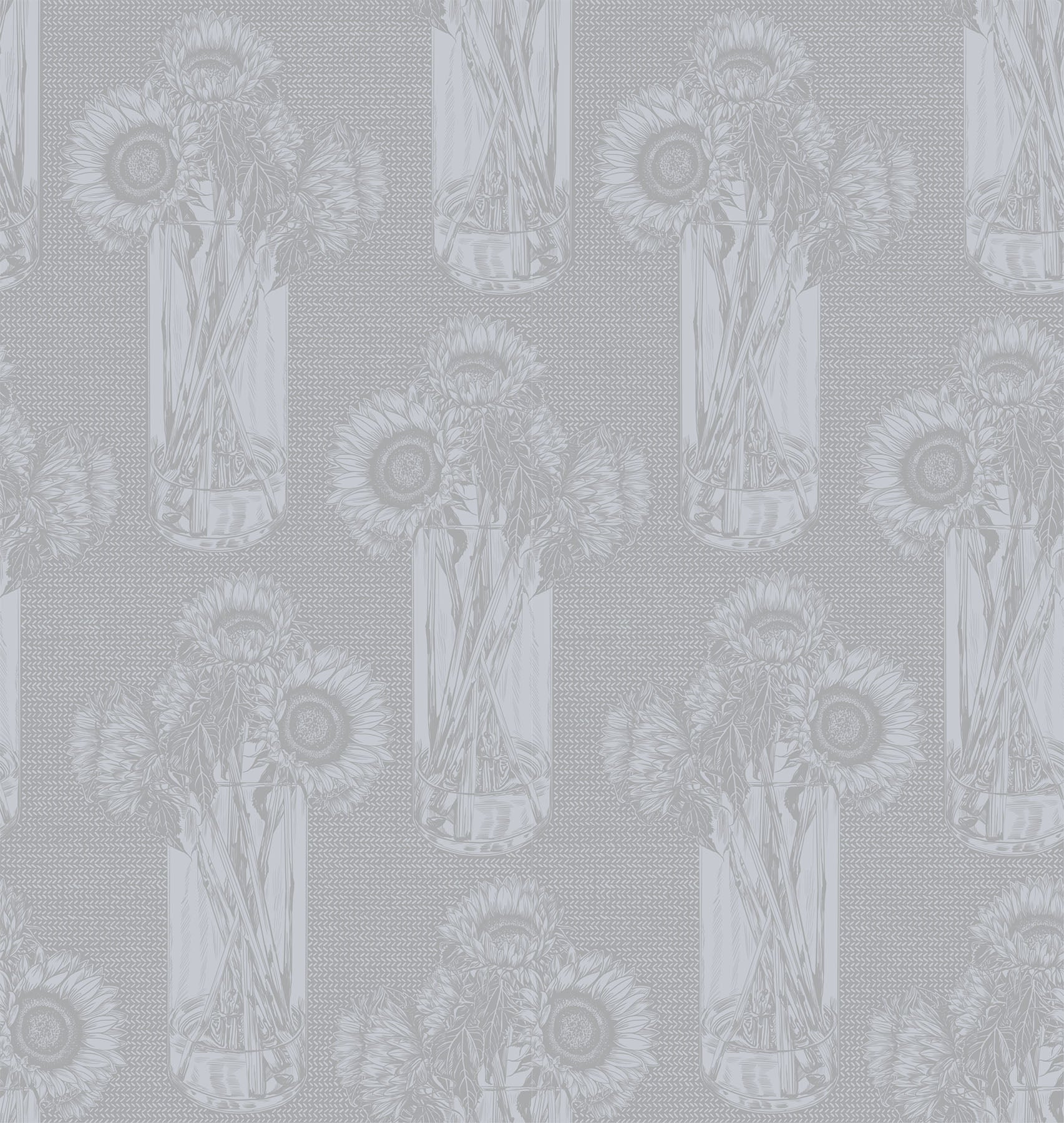 a repeating pattern of tall, slender vases filled with sunflowers, all set against a gray background.