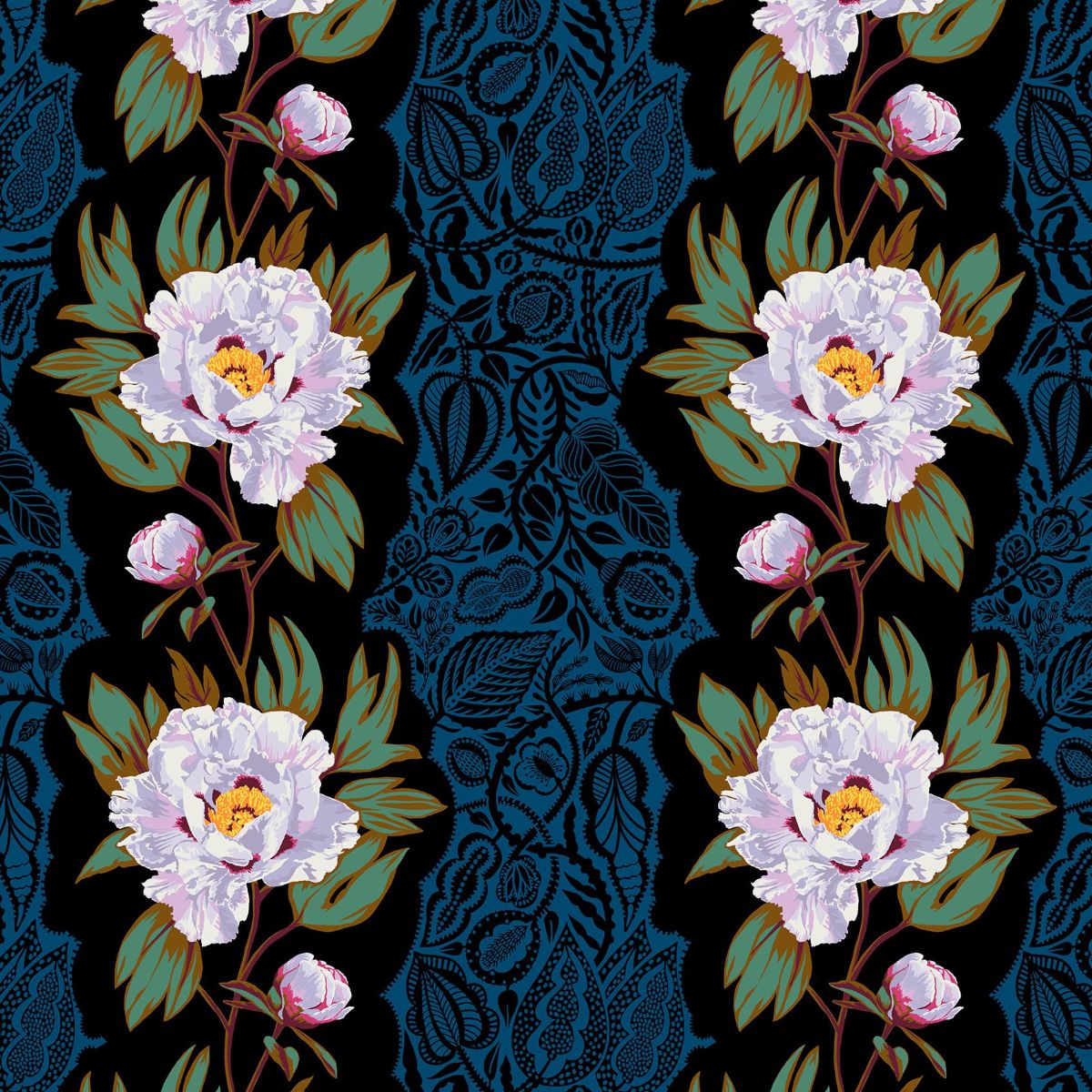 a repeating pattern of white peonies with green leaves and stems against a dark blue background.