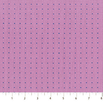 The image is a close-up of a fabric with a grid-like pattern of small blue dots on a pink background.