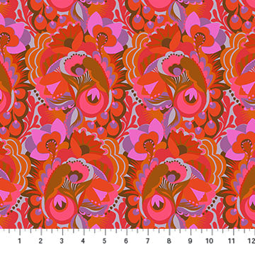 The image is a vibrant, colorful pattern featuring a repeating design of flowers and leaves in shades of red, pink, and purple.