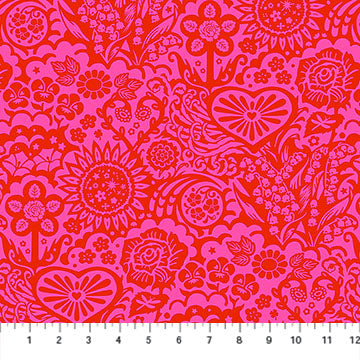 The image is a vibrant, colorful fabric with a repeating pattern of flowers and leaves in shades of pink and red. The pattern is intricate and detailed, creating a visually striking and eye-catching design.