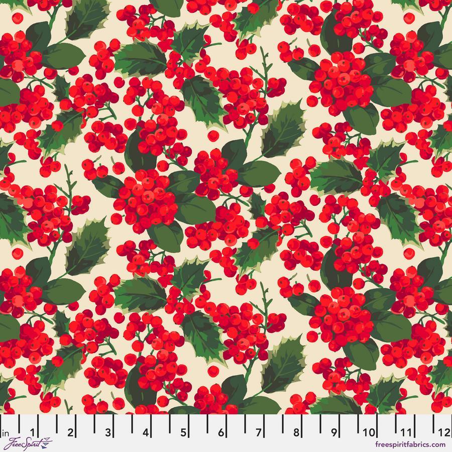 The image is a repeating pattern of red berries and green leaves on a light background.