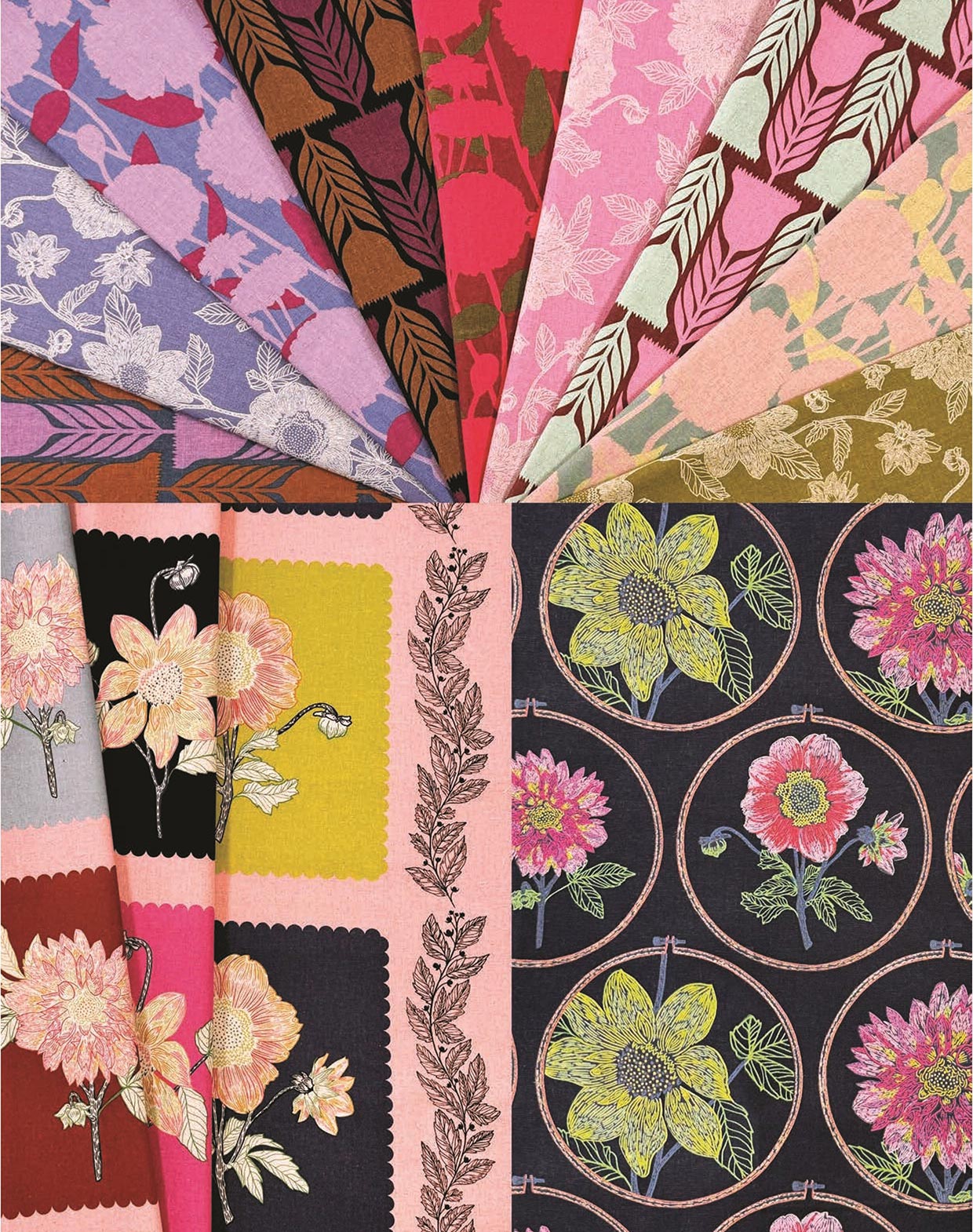 The image is a collage of various colorful fabric patterns, including floral designs and abstract shapes.