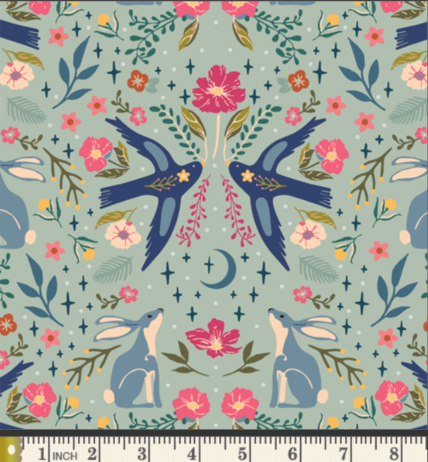 The image is a repeating pattern of various floral and bird motifs, including flowers, leaves, and birds, arranged in a symmetrical and decorative manner.
