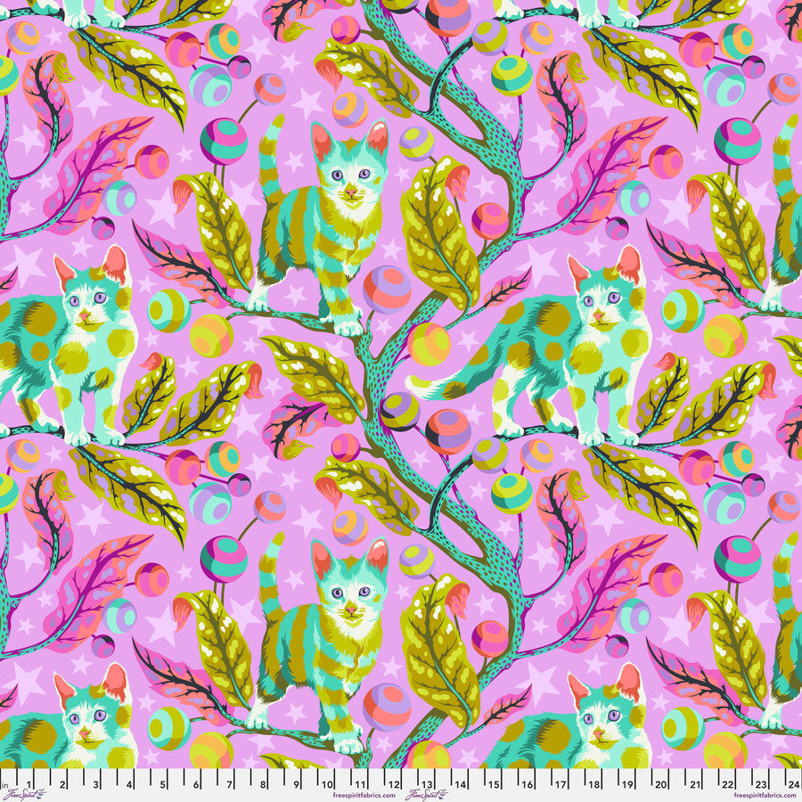 The image is a vibrant and whimsical pattern featuring cats and leaves in shades of pink, green, and yellow against a purple background. The cats are depicted in various poses, with some standing on branches and others sitting on leaves. The overall design is playful and visually engaging, with the use of bright colors and contrasting elements creating a lively and dynamic composition.
