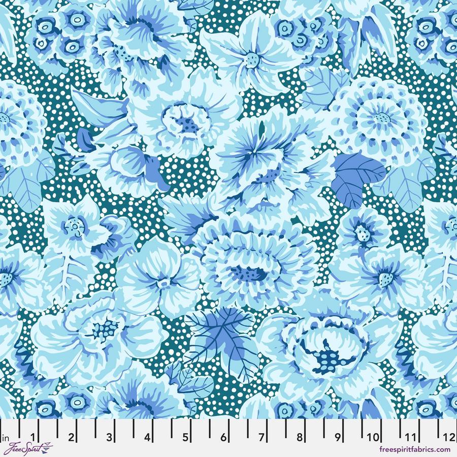 The image is a vibrant and colorful floral pattern with various shades of blue and white flowers and leaves. The pattern is composed of numerous individual flowers and leaves, creating a visually striking and intricate design. The flowers and leaves are arranged in a way that fills the entire frame, showcasing the full beauty and diversity of the floral motif.