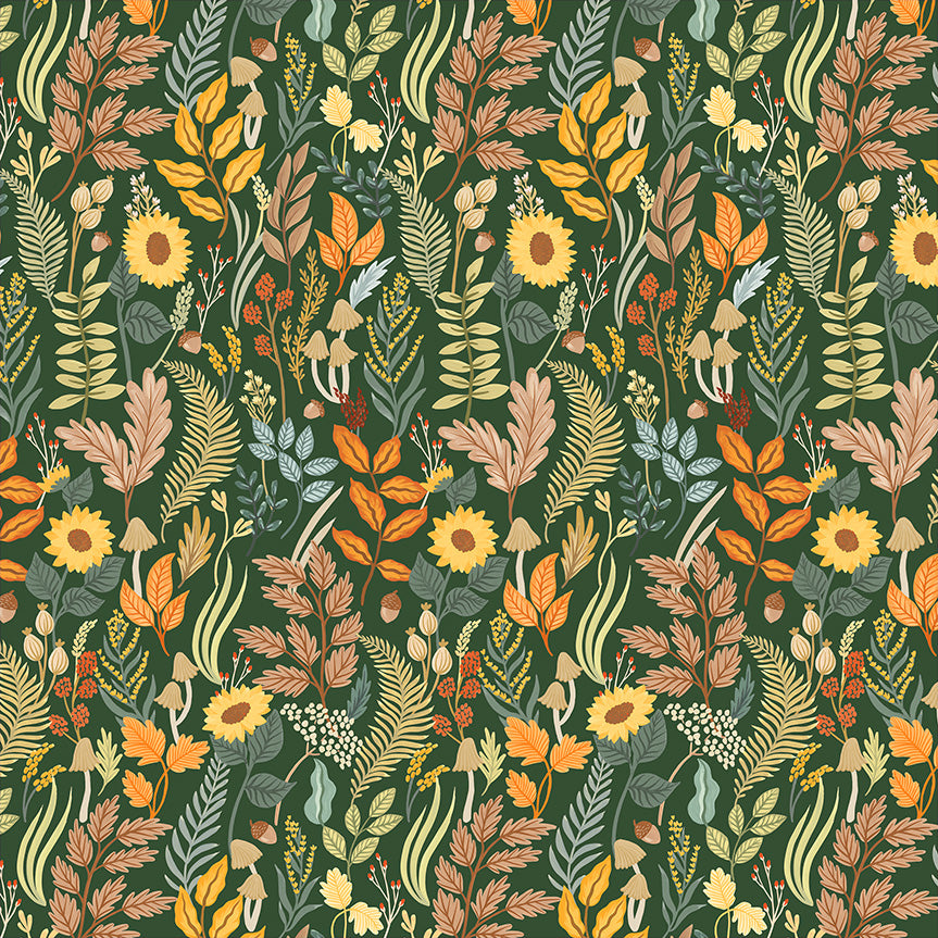 a repeating pattern of various colorful leaves, flowers, and mushrooms in shades of green, yellow, orange, and brown against a dark green background.