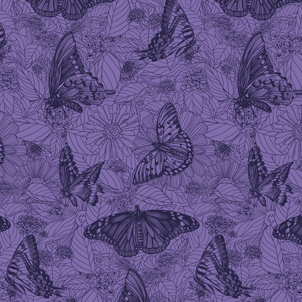 a repeating pattern of stylized butterflies and flowers in shades of purple.