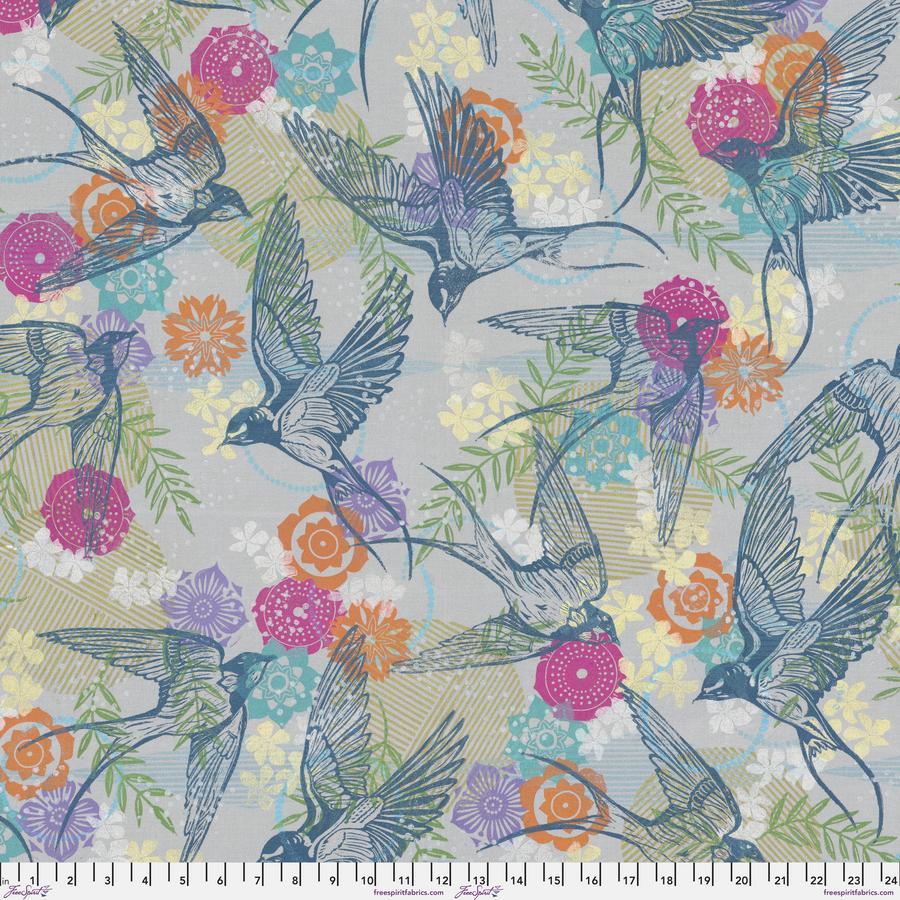 The image is a vibrant and colorful pattern featuring stylized illustrations of birds in flight, surrounded by various flowers and leaves in shades of pink, orange, yellow, and green.