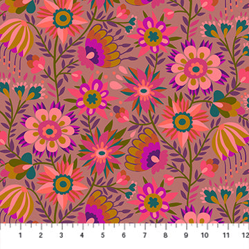 The image is a vibrant and colorful floral pattern with various flowers and leaves in shades of pink, orange, and green. The pattern is composed of multiple individual images, creating a visually striking and intricate design.