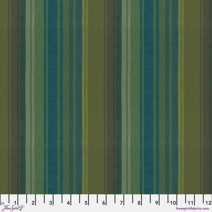 The image is a close-up of a fabric with vertical stripes in various shades of green, blue, and brown. The fabric appears to be made of a woven material, with the stripes varying in width and color. The image does not contain any text or other objects, and the focus is solely on the fabric's pattern.