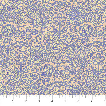 The image is a repeating pattern of various floral and sunflower designs in shades of blue and beige.