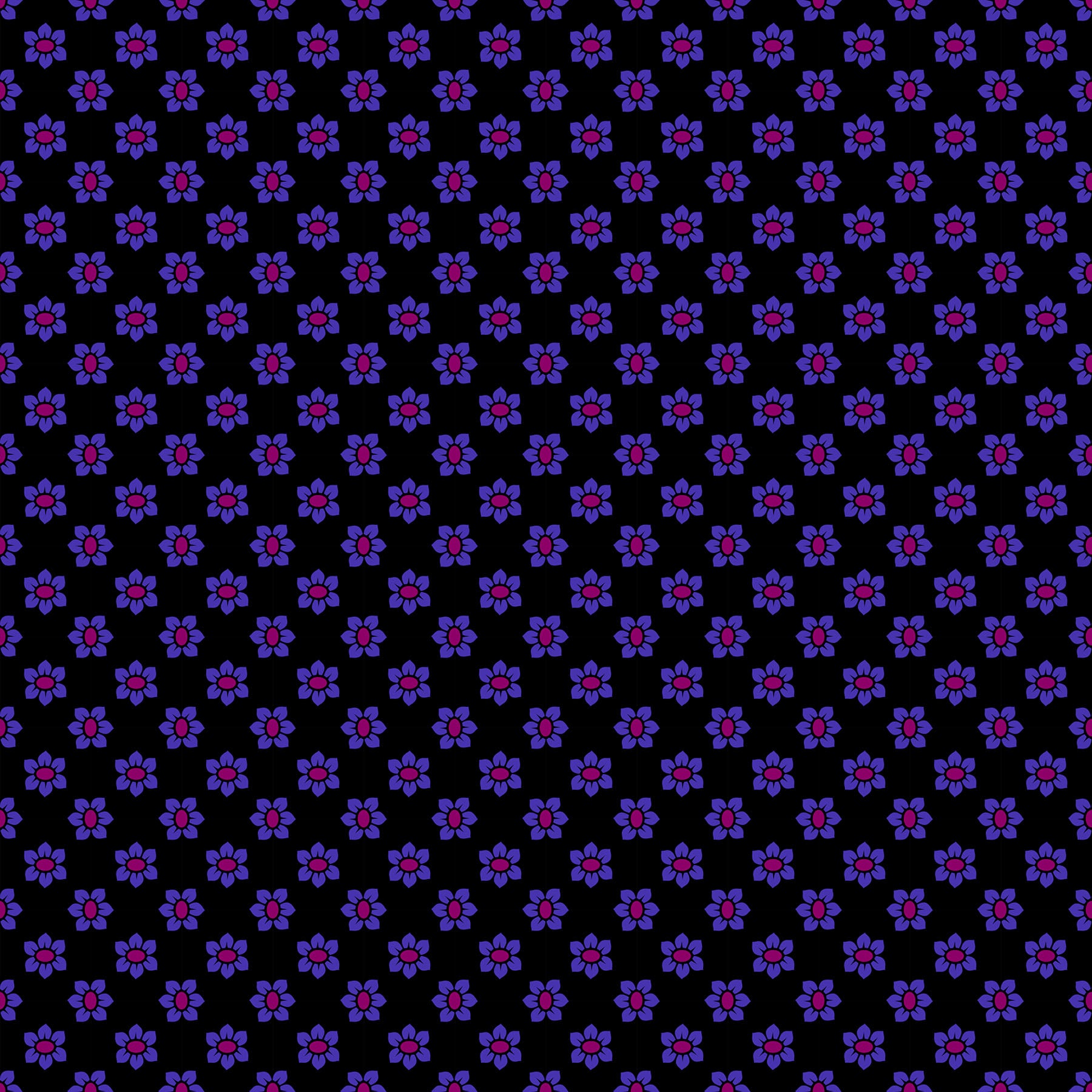 a repeating pattern of purple flowers against a black background.