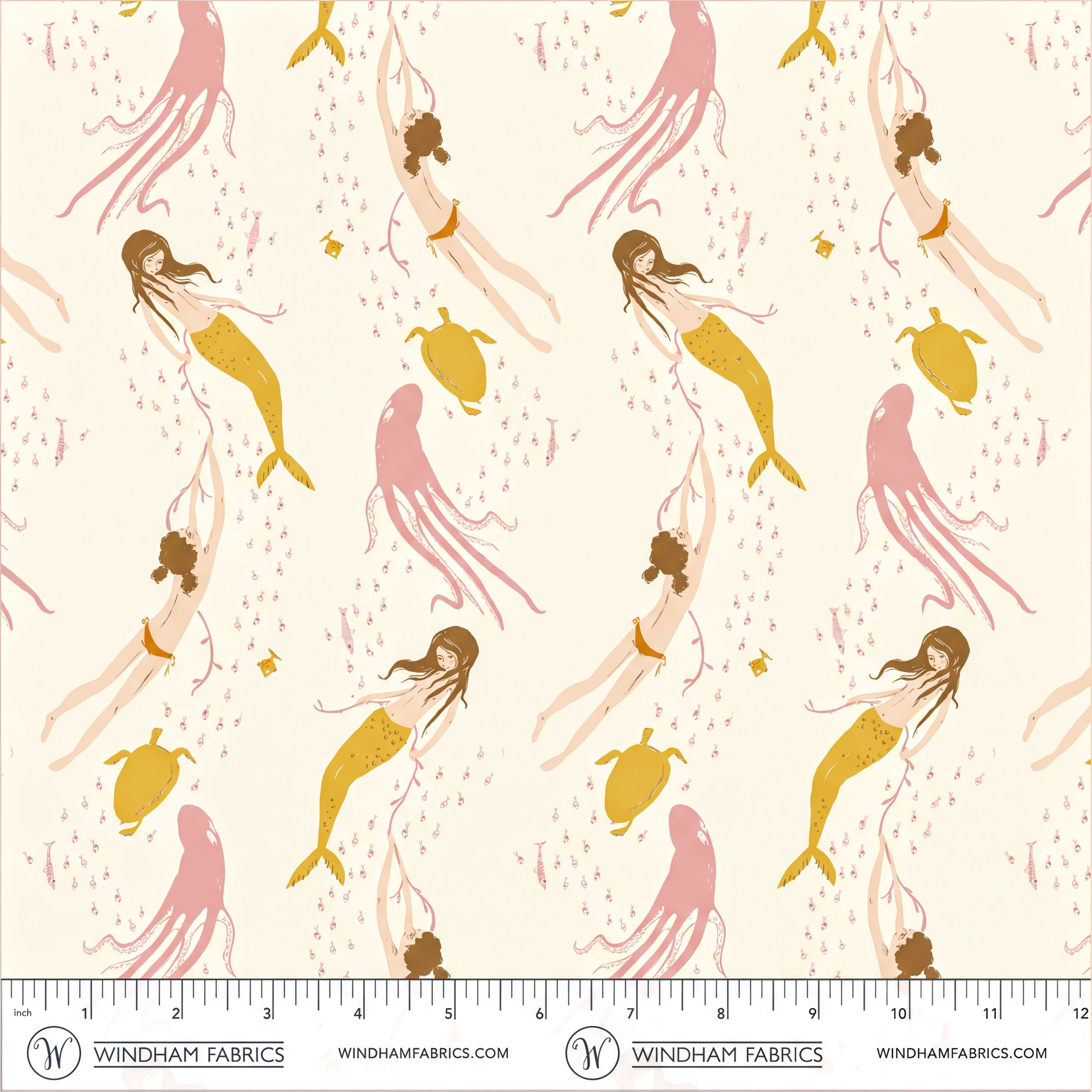a repeating pattern of mermaids and octopuses swimming underwater.