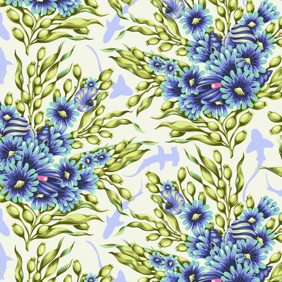 a repeating pattern of blue and green flowers and leaves against a light background.