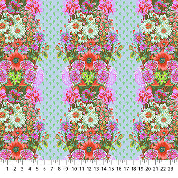 The image is a vibrant and colorful floral pattern, featuring a repeating design of various flowers and foliage in shades of pink, red, green, and white. The pattern is composed of multiple rows of flowers, creating a visually striking and intricate design.