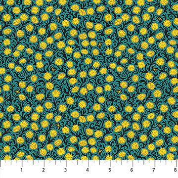 The image is a repeating pattern of yellow flowers against a dark blue background.