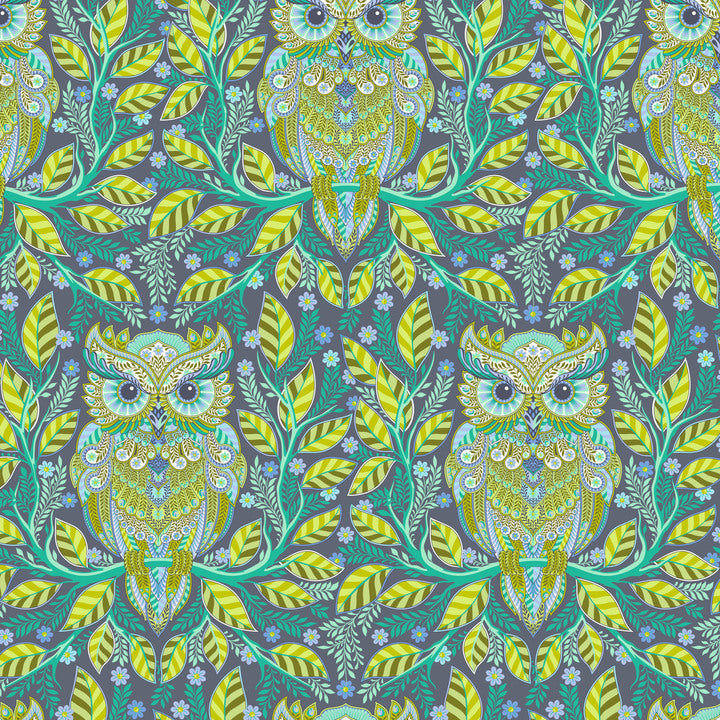 an owl and leaves pattern on a blue background
