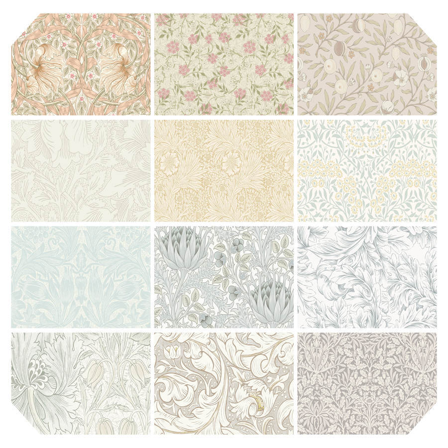 a collection of twelve different floral and leaf-patterned wallpaper designs, each with unique color schemes and styles.