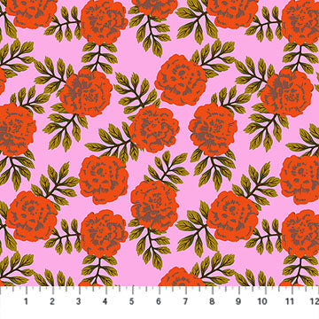 a repeating pattern of red flowers with green leaves against a pink background.