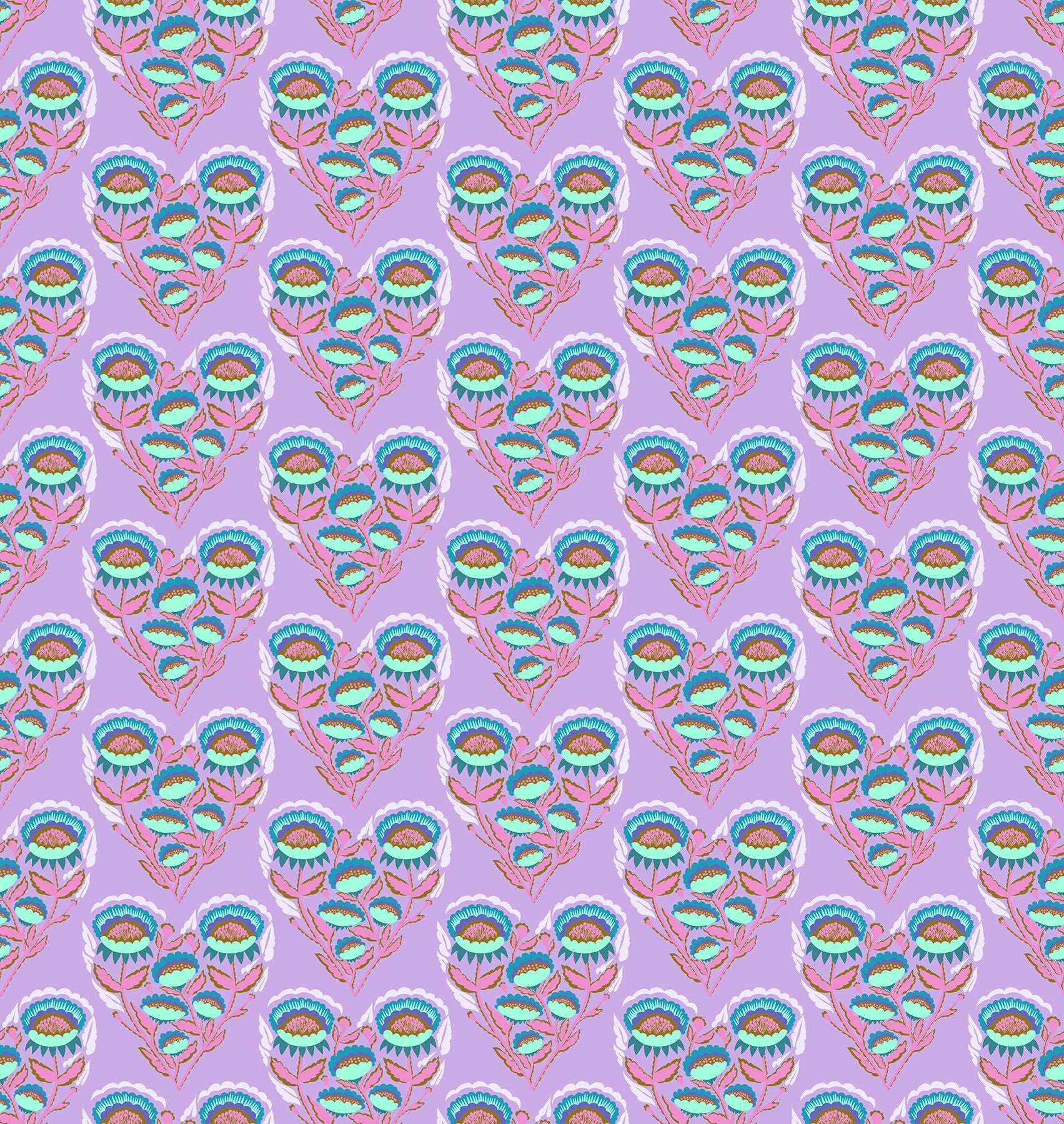 a repeating pattern of colorful flowers and leaves on a purple background.