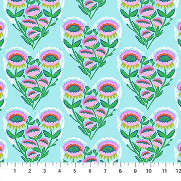a repeating pattern of colorful flowers and leaves arranged in a heart shape against a light blue background.
